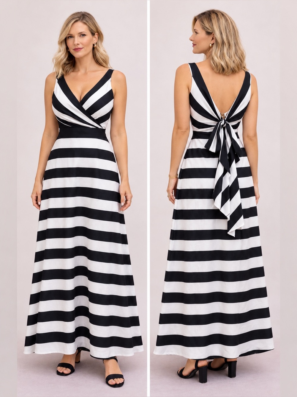 White House Black Market Sleeveless Black and White Striped Maxi Dress Size 10
